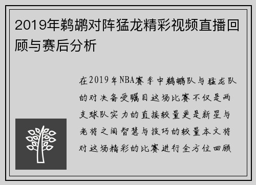 2019年鹈鹕对阵猛龙精彩视频直播回顾与赛后分析